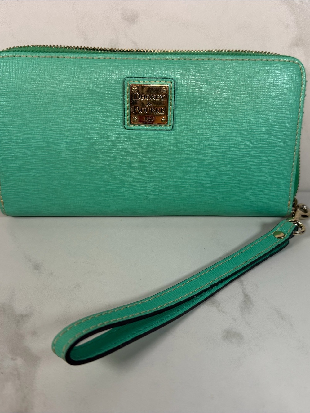 Dooney & Bourke Mint Green Zip Around Wallet with Gold Logo